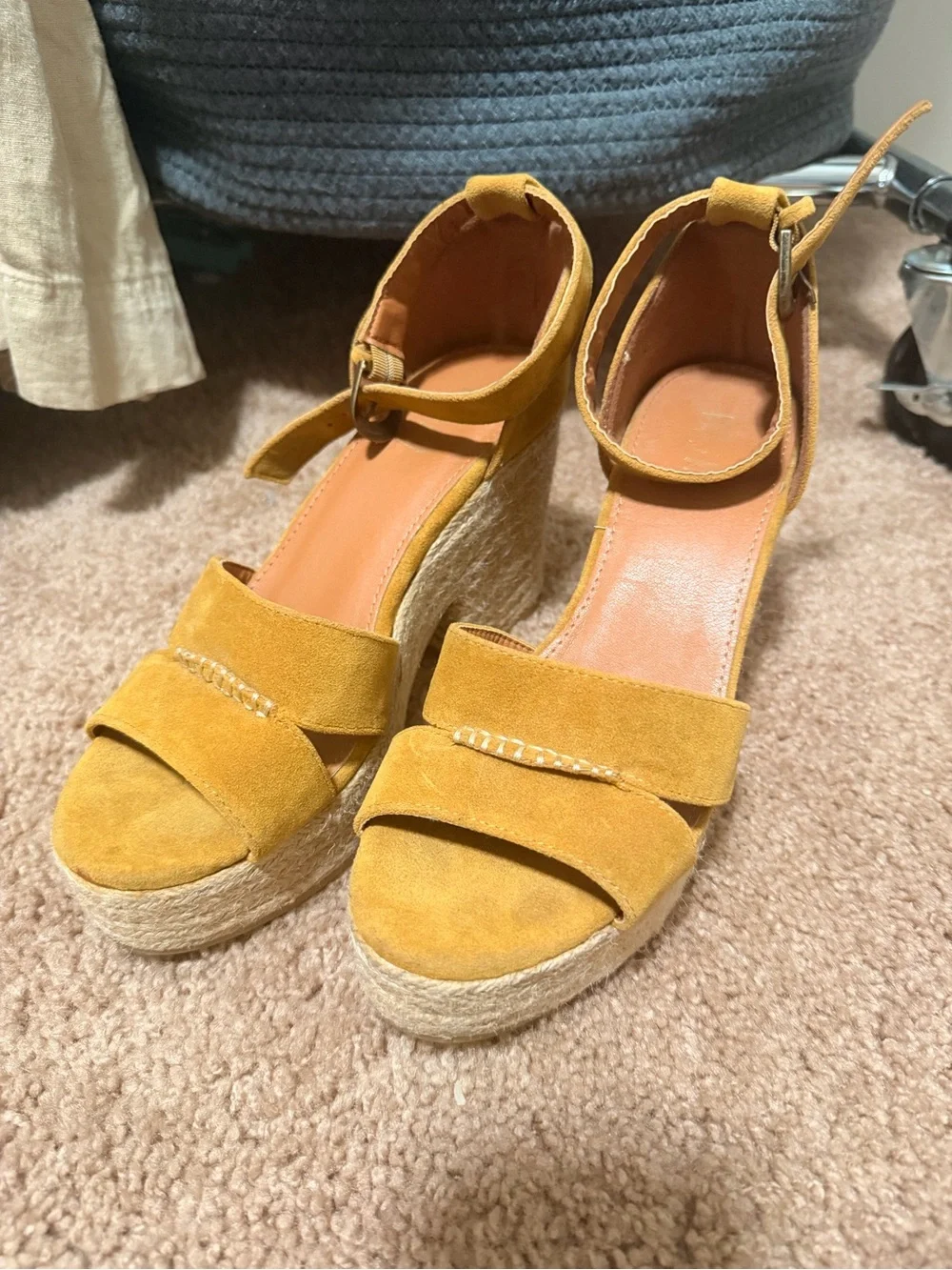 Mustard Suede Espadrille Wedge Sandals with Ankle Strap